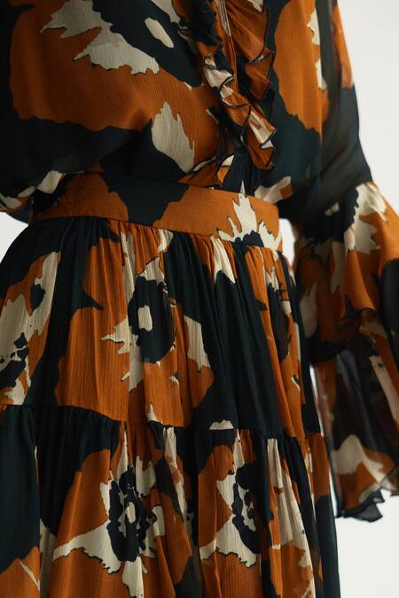 Shop Koai Black Chiffon Ruffles Floral Print Tiered Skirt Online at Aza Fashions Shop_Koai_Black Chiffon Ruffles Floral Print Tiered Skirt _Online_at_Aza_Fashions