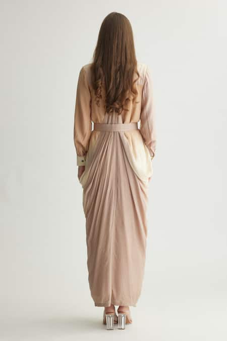 Shop_Koai_Beige Muslin, Cotton, Silk Collared Ombre Draped Shirt Dress _at_Aza_Fashions