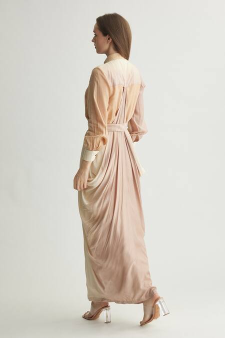 Koai_Beige Muslin, Cotton, Silk Collared Ombre Draped Shirt Dress _Online_at_Aza_Fashions