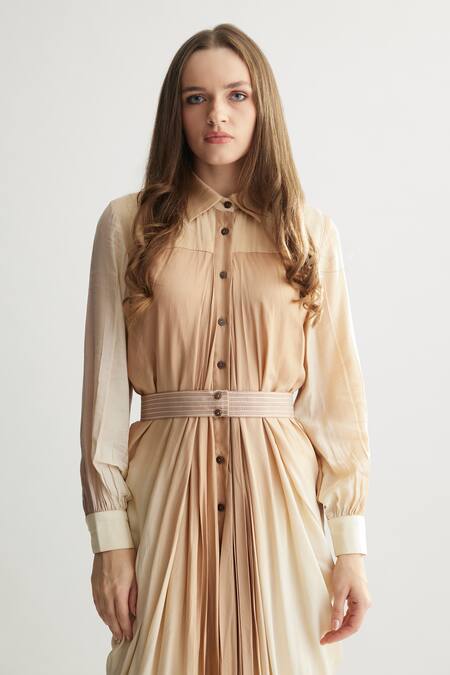 Buy_Koai_Beige Muslin, Cotton, Silk Collared Ombre Draped Shirt Dress _Online_at_Aza_Fashions