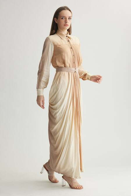 Shop_Koai_Beige Muslin, Cotton, Silk Collared Ombre Draped Shirt Dress _Online_at_Aza_Fashions