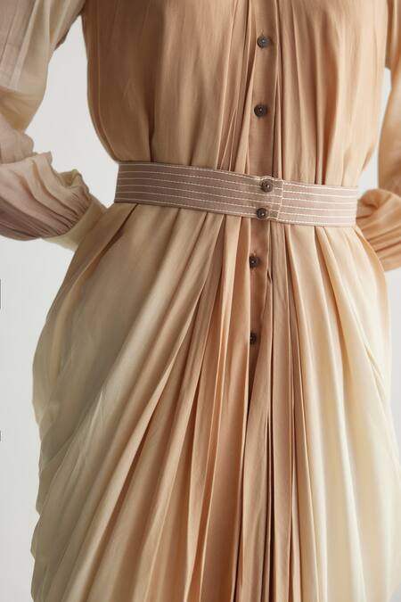 Koai_Beige Muslin, Cotton, Silk Collared Ombre Draped Shirt Dress _at_Aza_Fashions