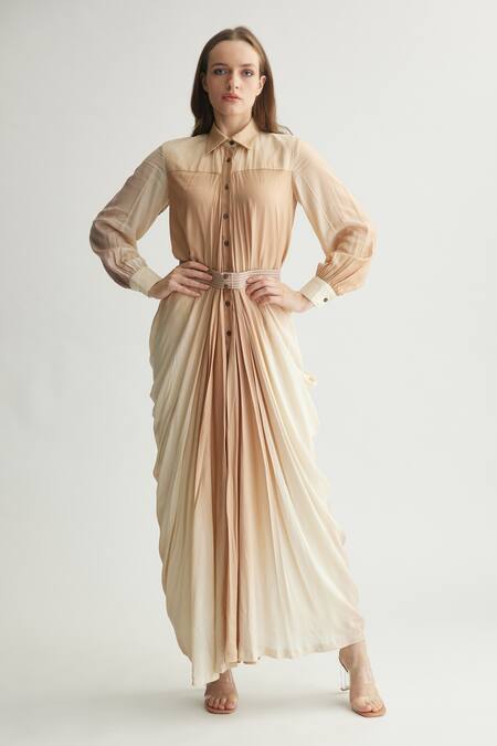 Buy_Koai_Beige Muslin, Cotton, Silk Collared Ombre Draped Shirt Dress 