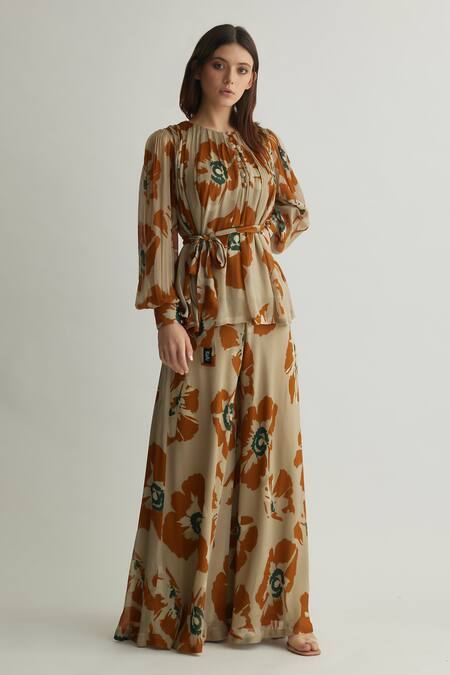 KoAi_Beige Chiffon Print Floral Round Top _at_Aza_Fashions