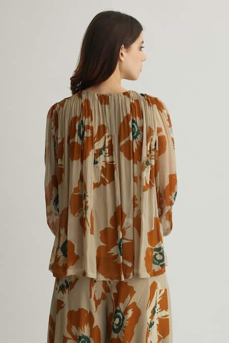 Shop_KoAi_Beige Chiffon Print Floral Round Top _at_Aza_Fashions