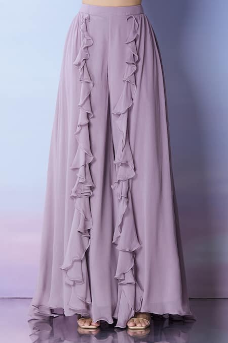 Buy_Samyukta Singhania_Purple Georgette Sequins Round Neck Embroidered Fusion Jacket And Palazzo Set 