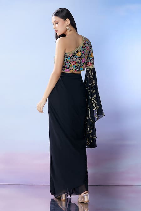 Samyukta Singhania Floral Embroidered One-Shoulder Fusion Set 