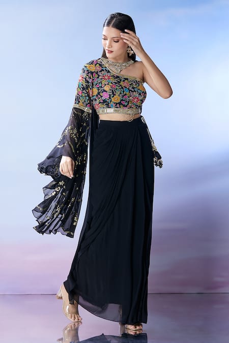 Shop_Samyukta Singhania_Multi Color Georgette Sequins, Beads, Zari, Floral Embroidered Fusion Set _Online_at_Aza_Fashions