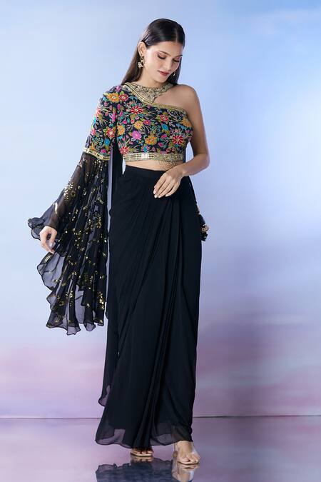 Samyukta Singhania_Multi Color Georgette Sequins, Beads, Zari, Floral Embroidered Fusion Set _at_Aza_Fashions