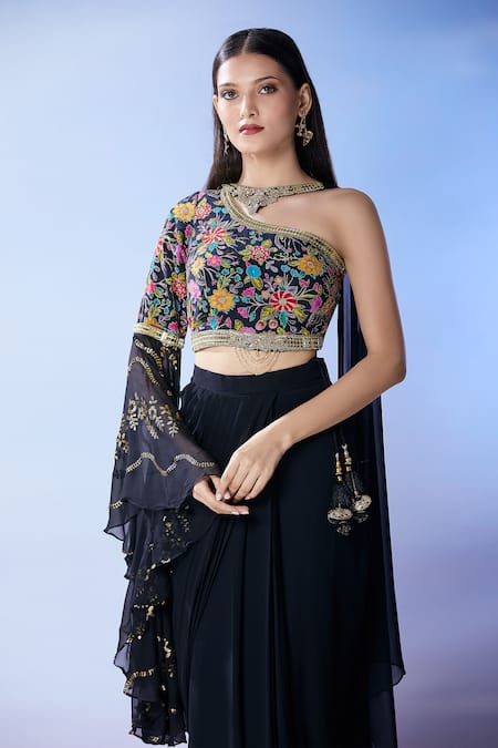 Buy_Samyukta Singhania_Multi Color Georgette Sequins, Beads, Zari, Floral Embroidered Fusion Set 