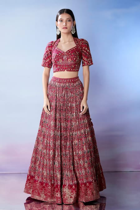 Shop Samyukta Singhania Maroon Silk, Georgette Mirrors, Embroidery Sweetheart Neck And Resham Lehenga Set Online at Aza Fashions Shop_Samyukta Singhania_Maroon Silk, Georgette Mirrors, Embroidery Sweetheart Neck And Resham Lehenga Set _Online_at_Aza_Fashions