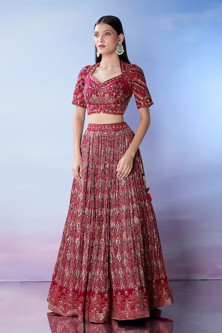 Samyukta Singhania Maroon Silk, Georgette Mirrors, Embroidery Sweetheart Neck And Resham Lehenga Set at Aza Fashions Samyukta Singhania_Maroon Silk, Georgette Mirrors, Embroidery Sweetheart Neck And Resham Lehenga Set _at_Aza_Fashions