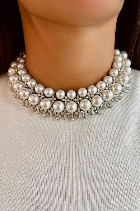 PRERTO Silver Plated Fabric Flowers, Diamonds Pearl And Faux Jewellery Set Online at Aza Fashions PRERTO_Silver Plated Fabric Flowers, Diamonds Pearl And Faux Jewellery Set _Online_at_Aza_Fashions