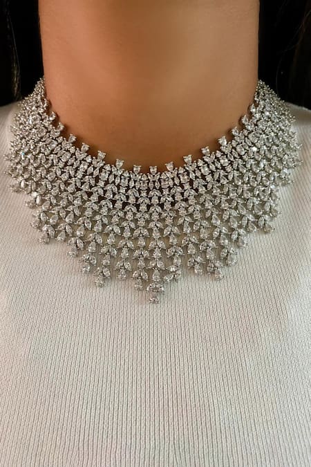 Shop PRERTO Silver Plated Fabric Flowers, Diamonds Pearl And Faux Jewellery Set Online at Aza Fashions Shop_PRERTO_Silver Plated Fabric Flowers, Diamonds Pearl And Faux Jewellery Set _Online_at_Aza_Fashions