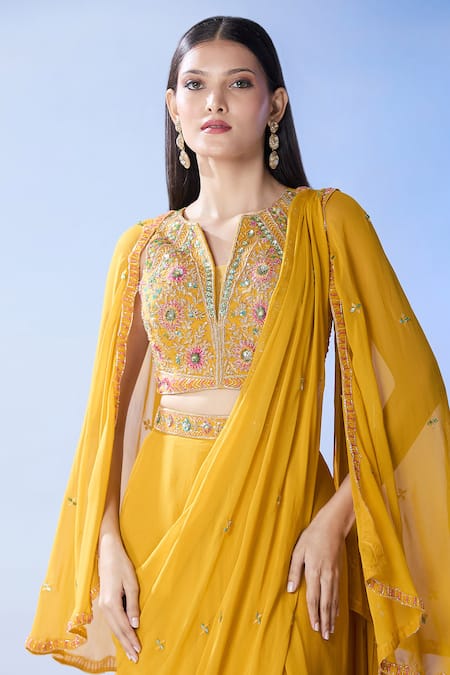Samyukta Singhania Yellow Georgette, Net Embroidery, Sequins Keyhole Pre-draped Saree And Blouse Set at Aza Fashions Samyukta Singhania_Yellow Georgette, Net Embroidery, Sequins Keyhole Pre-draped Saree And Blouse Set _at_Aza_Fashions