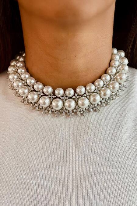 PRERTO Silver Plated Diamonds, Pearls Floral Cluster And Faux Jewellery Set Online at Aza Fashions PRERTO_Silver Plated Diamonds, Pearls Floral Cluster And Faux Jewellery Set _Online_at_Aza_Fashions