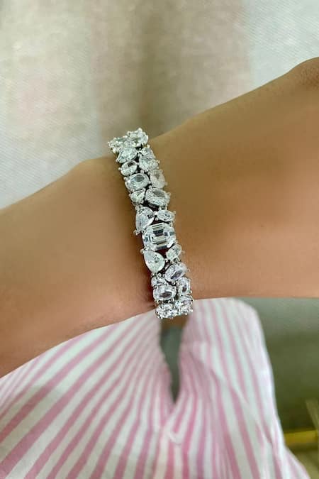 Buy PRERTO Silver Plated Diamonds, Pearls Floral Cluster And Faux Jewellery Set Online at Aza Fashions Buy_PRERTO_Silver Plated Diamonds, Pearls Floral Cluster And Faux Jewellery Set _Online_at_Aza_Fashions