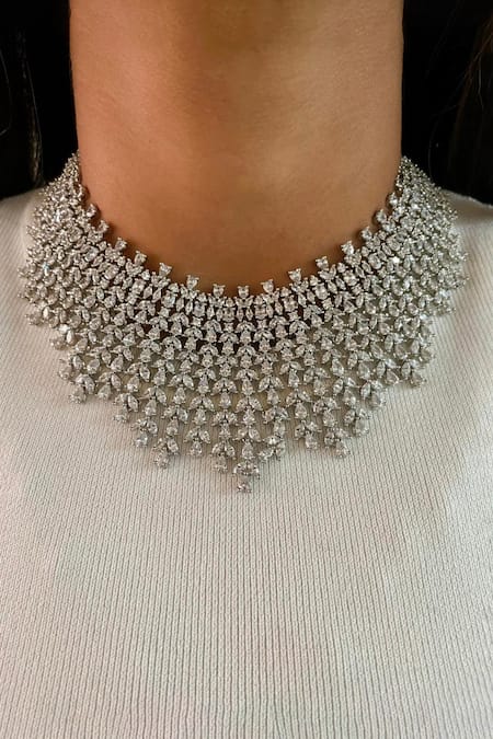 PRERTO Silver Plated Diamonds, Pearls Floral Cluster And Faux Jewellery Set at Aza Fashions PRERTO_Silver Plated Diamonds, Pearls Floral Cluster And Faux Jewellery Set _at_Aza_Fashions