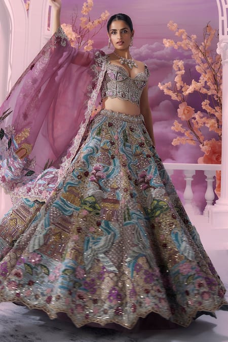 Label Ankush Jain River & Crane 3D Applique Lehenga Set 