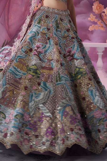 Buy_Label Ankush Jain_Purple Organza Pearls, Sequins, Beads River And Crane 3d Applique Lehenga Set _Online_at_Aza_Fashions