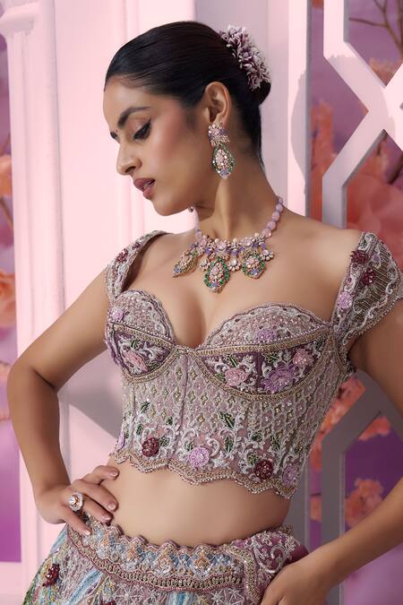 Shop_Label Ankush Jain_Purple Organza Pearls, Sequins, Beads River And Crane 3d Applique Lehenga Set _Online_at_Aza_Fashions