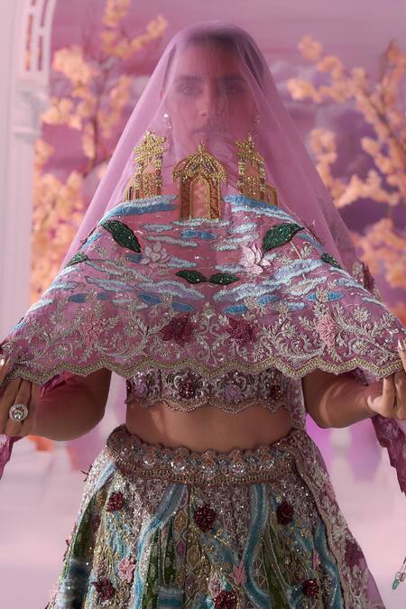 Label Ankush Jain_Purple Organza Pearls, Sequins, Beads River And Crane 3d Applique Lehenga Set _at_Aza_Fashions