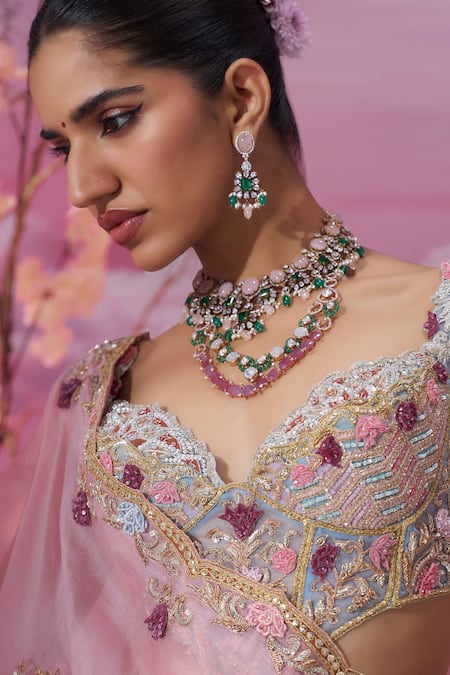 Buy_Label Ankush Jain_Blue Organza Pearls, Sequins, Beads Castle And Horse Applique Bridal Lehenga Set _Online_at_Aza_Fashions