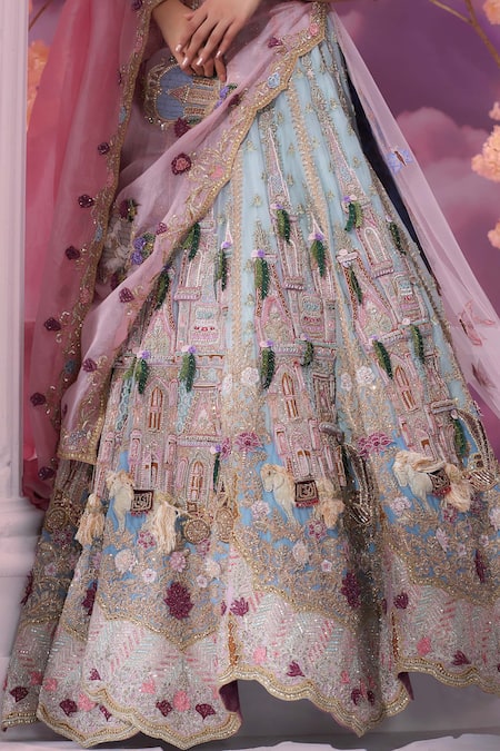 Shop_Label Ankush Jain_Blue Organza Pearls, Sequins, Beads Castle And Horse Applique Bridal Lehenga Set _Online_at_Aza_Fashions