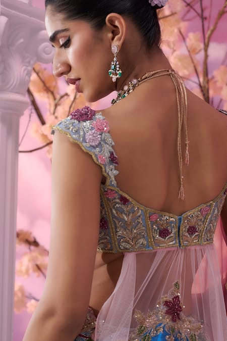 Label Ankush Jain_Blue Organza Pearls, Sequins, Beads Castle And Horse Applique Bridal Lehenga Set _at_Aza_Fashions