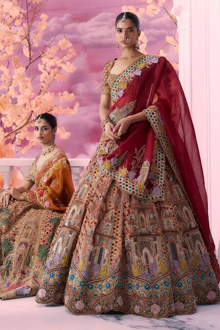 Buy_Label Ankush Jain_Peach Organza Pearls, Beads, Sequins Palace Applique Embroidered Lehenga Set _Online_at_Aza_Fashions