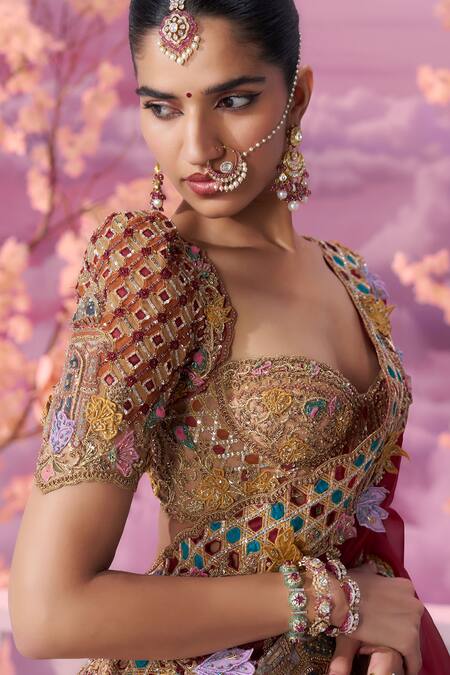 Shop_Label Ankush Jain_Peach Organza Pearls, Beads, Sequins Palace Applique Embroidered Lehenga Set _Online_at_Aza_Fashions