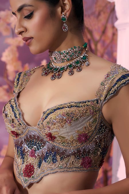 Buy_Label Ankush Jain_Gray Organza, Silk Beads, Sequins, Pearls Grey Castle Embroidered Lehenga Set _Online_at_Aza_Fashions