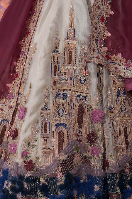 Shop_Label Ankush Jain_Gray Organza, Silk Beads, Sequins, Pearls Grey Castle Embroidered Lehenga Set _Online_at_Aza_Fashions