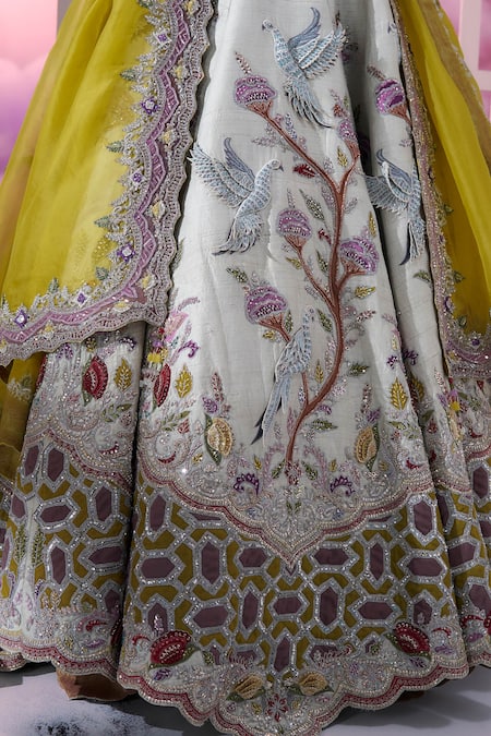 Buy_Label Ankush Jain_Gray Organza, Silk Beads, Sequins, Pearls Pigeon 3d Applique Lehenga Set _Online_at_Aza_Fashions