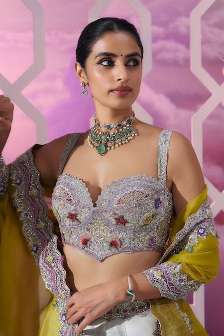 Shop_Label Ankush Jain_Gray Organza, Silk Beads, Sequins, Pearls Pigeon 3d Applique Lehenga Set _Online_at_Aza_Fashions