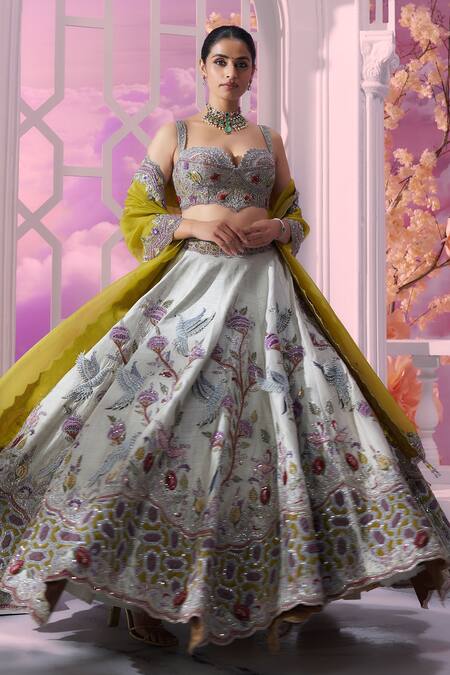 Label Ankush Jain_Gray Organza, Silk Beads, Sequins, Pearls Pigeon 3d Applique Lehenga Set _at_Aza_Fashions