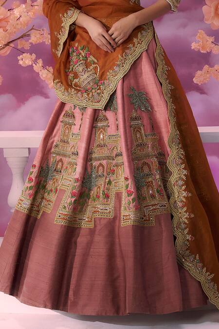 Buy_Label Ankush Jain_Pink Organza, Silk Zari, Sequins, Beads Zig Zag Kali 3d Embroidered Lehenga Set _Online_at_Aza_Fashions