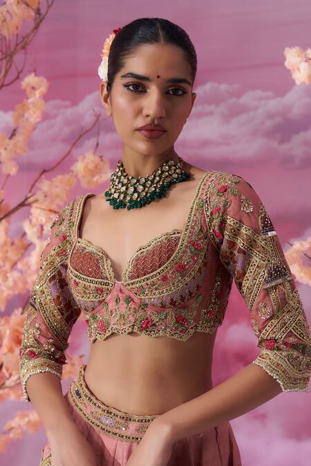 Shop_Label Ankush Jain_Pink Organza, Silk Zari, Sequins, Beads Zig Zag Kali 3d Embroidered Lehenga Set _Online_at_Aza_Fashions