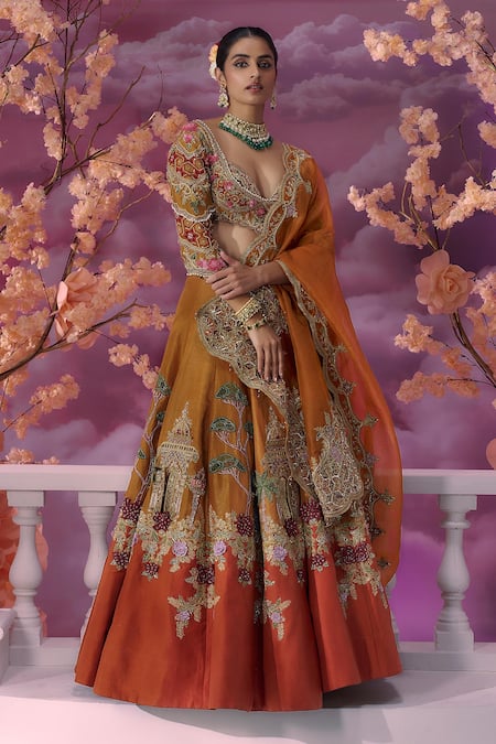 Label Ankush Jain Sunset Kali Colour Block 3D Patchwork Lehenga Set 