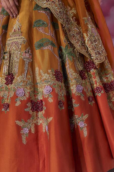 Label Ankush Jain Orange Organza, Silk, Tissue Sequins, Beads, Sunset Kali 3d Lehenga Set Online at Aza Fashions Label Ankush Jain_Orange Organza, Silk, Tissue Sequins, Beads, Sunset Kali 3d Lehenga Set _Online_at_Aza_Fashions