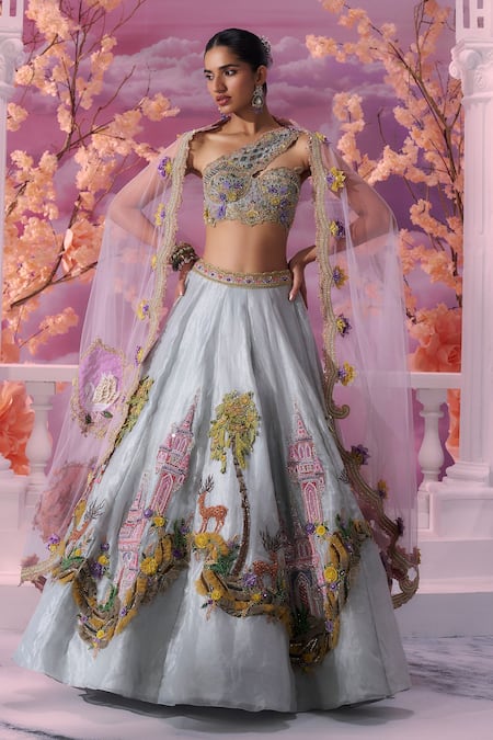 Label Ankush Jain Castle & Deer 3D Embroidered Patchwork Lehenga Set 