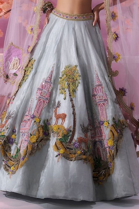 Buy_Label Ankush Jain_Blue Organza, Net, Silk Pearls, Sequins, Castle And Deer Embroidered Lehenga Set _Online_at_Aza_Fashions