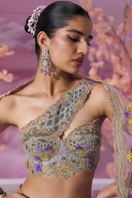 Shop_Label Ankush Jain_Blue Organza, Net, Silk Pearls, Sequins, Castle And Deer Embroidered Lehenga Set _Online_at_Aza_Fashions