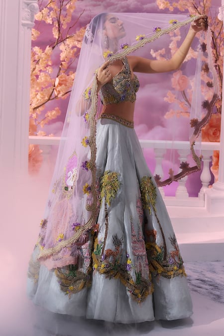 Label Ankush Jain_Blue Organza, Net, Silk Pearls, Sequins, Castle And Deer Embroidered Lehenga Set _at_Aza_Fashions