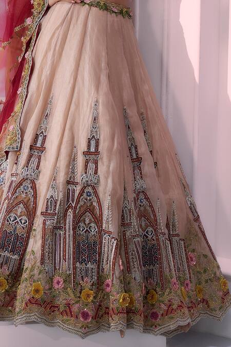 Buy_Label Ankush Jain_Brown Organza, Tissue, Net Beads, Sequins, Embroidery 3d Patchwork Lehenga Set _Online_at_Aza_Fashions