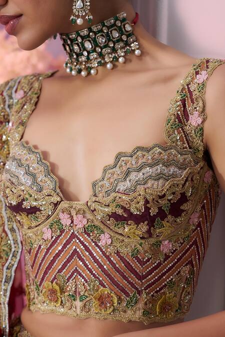 Shop_Label Ankush Jain_Brown Organza, Tissue, Net Beads, Sequins, Embroidery 3d Patchwork Lehenga Set _Online_at_Aza_Fashions