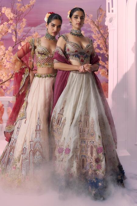 Buy_Label Ankush Jain_Brown Organza, Tissue, Net Beads, Sequins, Embroidery 3d Patchwork Lehenga Set 