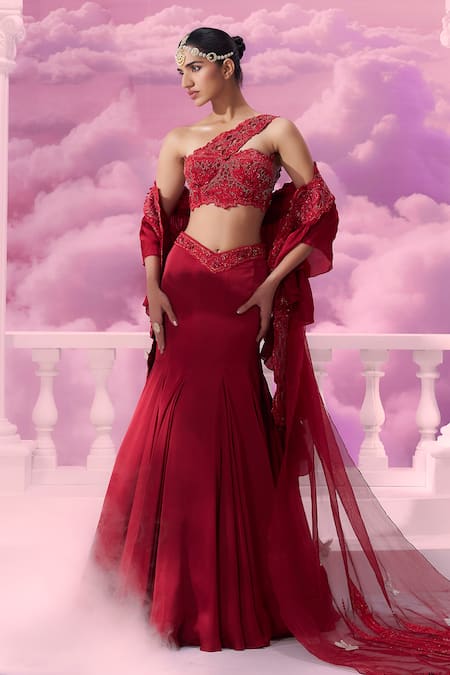 Label Ankush Jain Red Fish-Cut Lehenga Set With Ruffle Dupatta For Kids