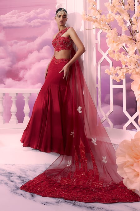 Shop_Label Ankush Jain_Red Silk, Organza, Satin Sequins, Fish-cut Lehenga Set With Ruffle Dupatta For Kids_Online_at_Aza_Fashions