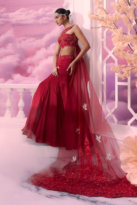 Label Ankush Jain_Red Silk, Organza, Satin Sequins, Fish-cut Lehenga Set With Ruffle Dupatta For Kids_at_Aza_Fashions
